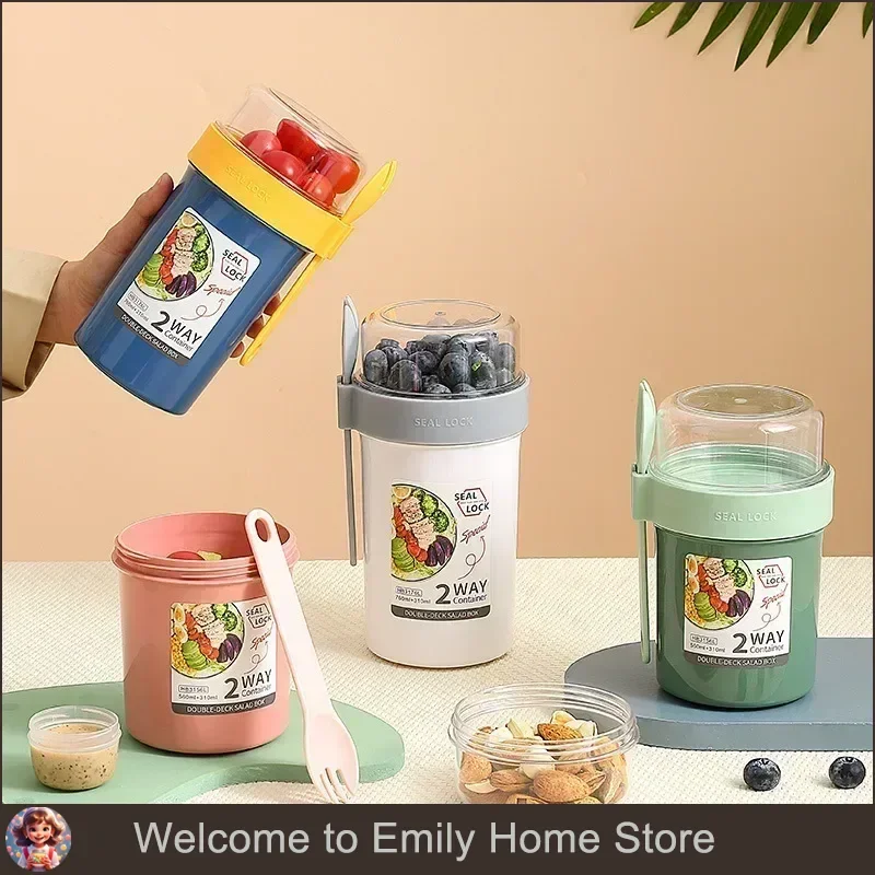 

Bento Lunch Box Salad Oatmeal Breakfast Double Cup Cereal Nut Yogurt Container Set with Dressing Holder Fork Meal Preparation