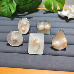 Anello di conchiglia di perle naturali, anello regolabile rotondo/ovale/a goccia/quadrato/rettangolo Shell Finger, commercio all'ingrosso di gioielli da donna di moda