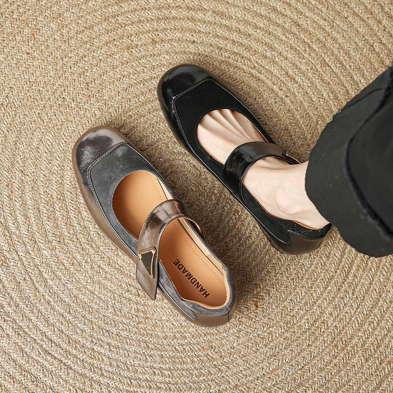 

Genuine Leather Color Block Round Toe Mary Jane Shoes Low Heel with Buckle, Height-Increasing Flats for Women