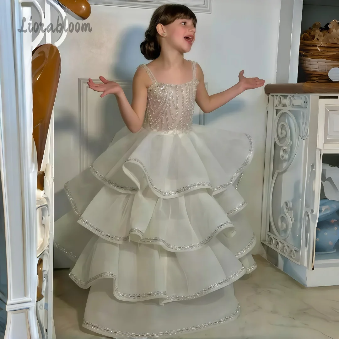 Abito da damigella in tulle per bambina, gonna ampia, elegante abito formale per matrimoni e feste, vestito da sposa