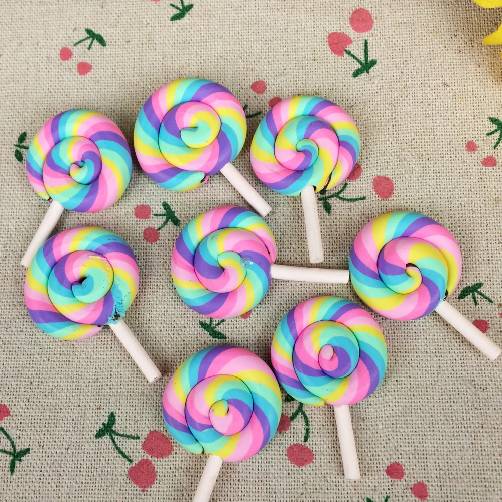 10Pieces Flat Back Clay Cabochon Kawaii Rainbow Color Lollipop DIY Flatback Scrapbooking Embellishment Decoration Craft:28*43mm