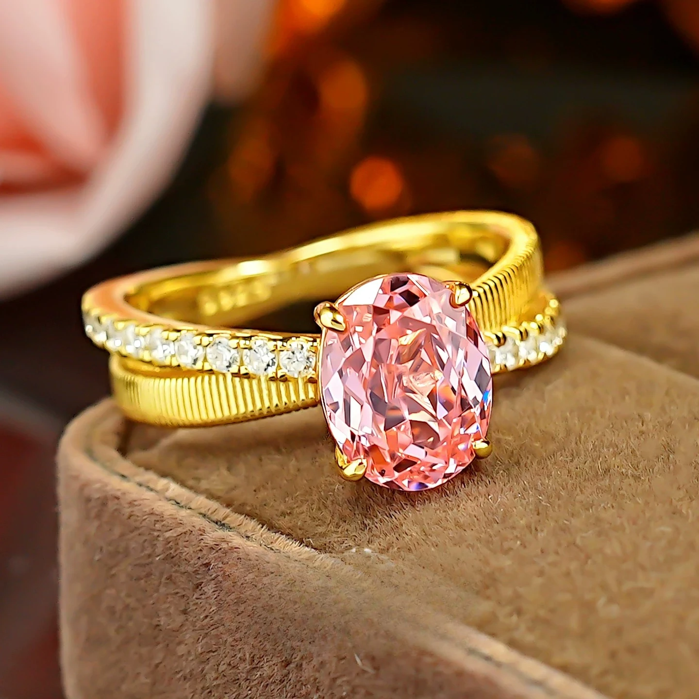 S925 Silver Ring Papalacha Powder 7 * 9mm Elliptical Zircon Double Ring Twisted Arm Brushed Ring Jewelry