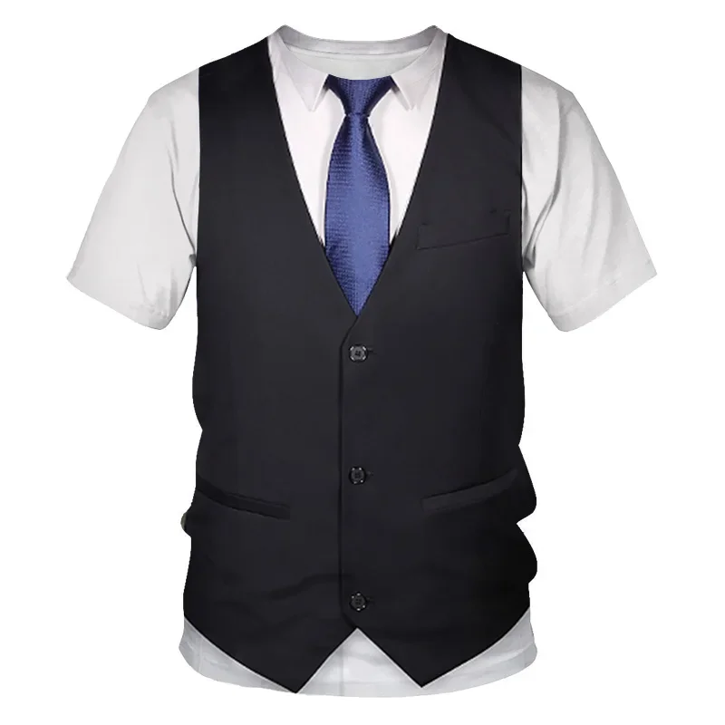 

2024 Summer Fashion Personality Fake Suit Men T-shirts Hip Hop Trend Alternative Funny Streetwear 3D Printed O-neck Short Sleeve