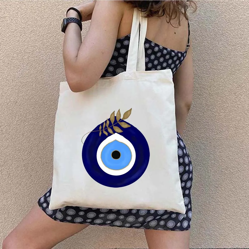 Psychedelic Evil Eye Blue Green Yellow Red Pink Colorful Women Canvas Shoulder Harajuku Handbags Totes Eco Shopper Shopping Bags