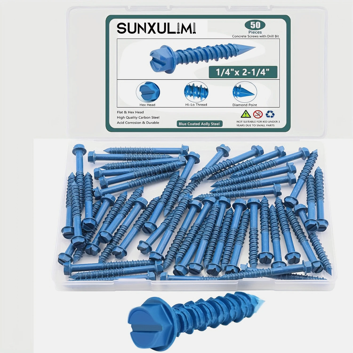 1/4 inch x 2-1/4 concrete screw combination kit, with hexagonal head concrete screws or wood screws, (70-50 pieces)