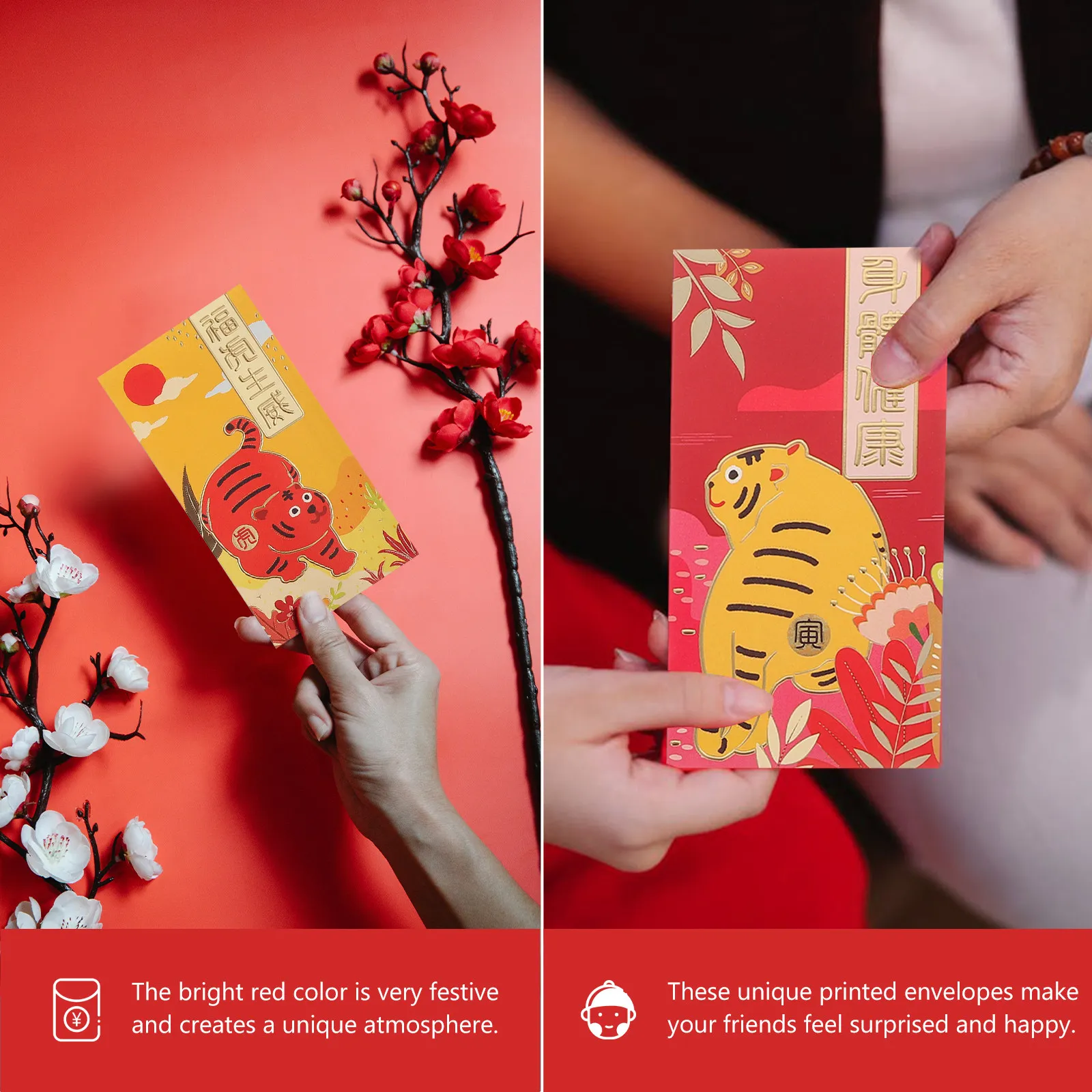 

36Pcs Long Red Envelopes Cartoon Style Zodiac Tiger New Year Money Packets Festive Red Packets Chinese Money Pockets