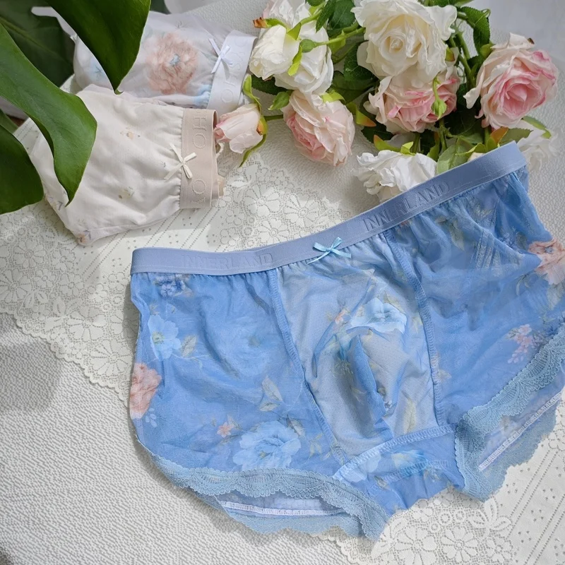 

Man's Soft Blue Briefs Harajuku Mid Low Rise Men's Flat Cornered Underwear Sexy Smooth Mesh Lace Panties