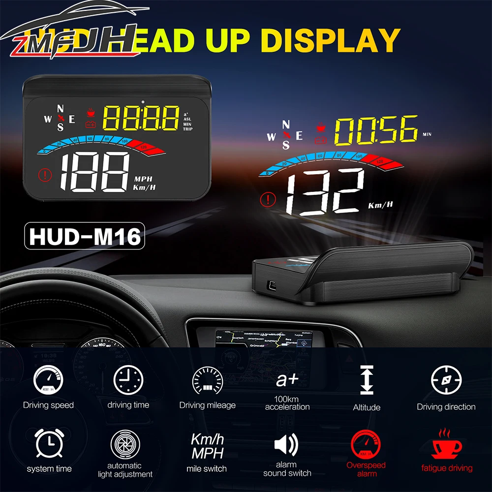 M16 GPS Head-Up Display Digital Speedometer Overspeed Alarm Voltage Altitude Windshield Projector Speed Meter For All Cars