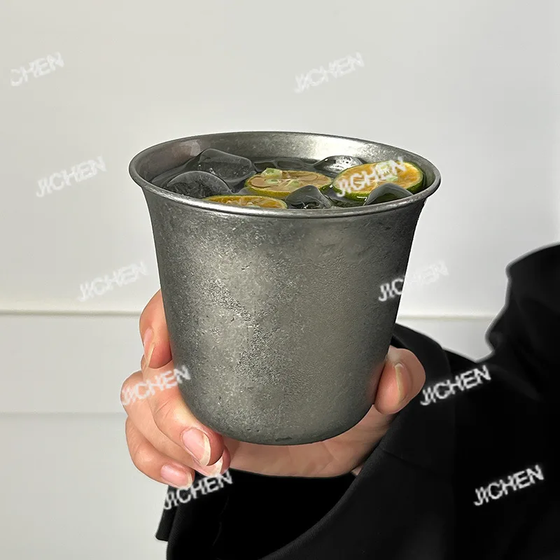 Taza de café retro americana de acero inoxidable mate de grado alimenticio, taza para agua, bebidas frías, boca ancha y gruesa, estilo industrial.