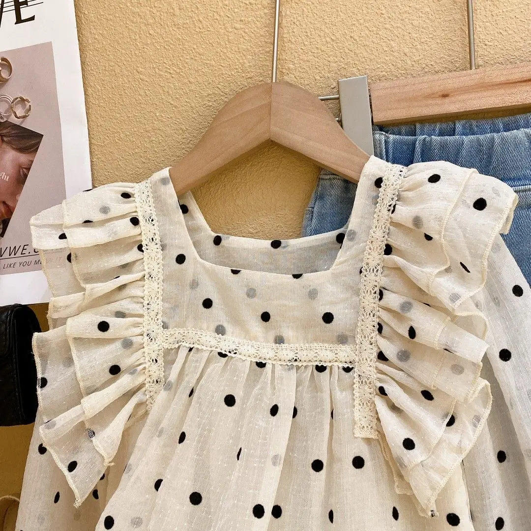 Spring and Autumn Girls Clothes Set Long Sleeve Polka Dot Shirt Jeans 2-Piece Set for Children Baby Clothing Suit