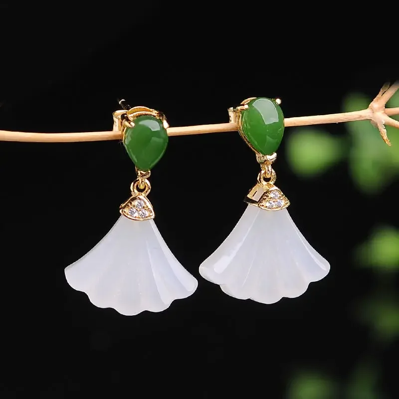 Silver inlaid natural Hetian white jade fan Earrings Chinese style retro fresh FAIRY CHARM Christmas Halloween Jewelry Gift