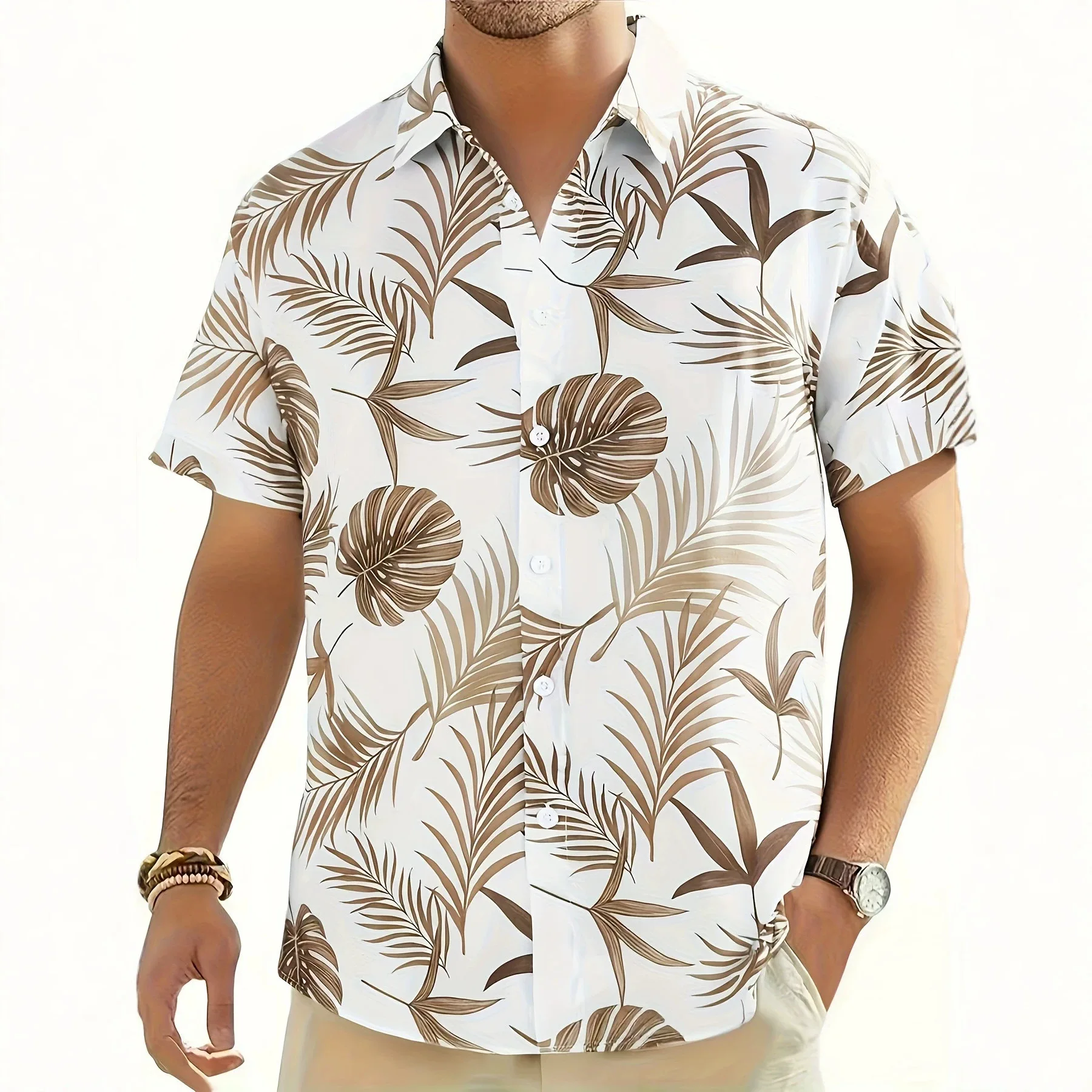 Minimalist White Palm Leaf Shirt with Cool Feel Simple and Not Fancy Loose Short Sleeved for Young People
