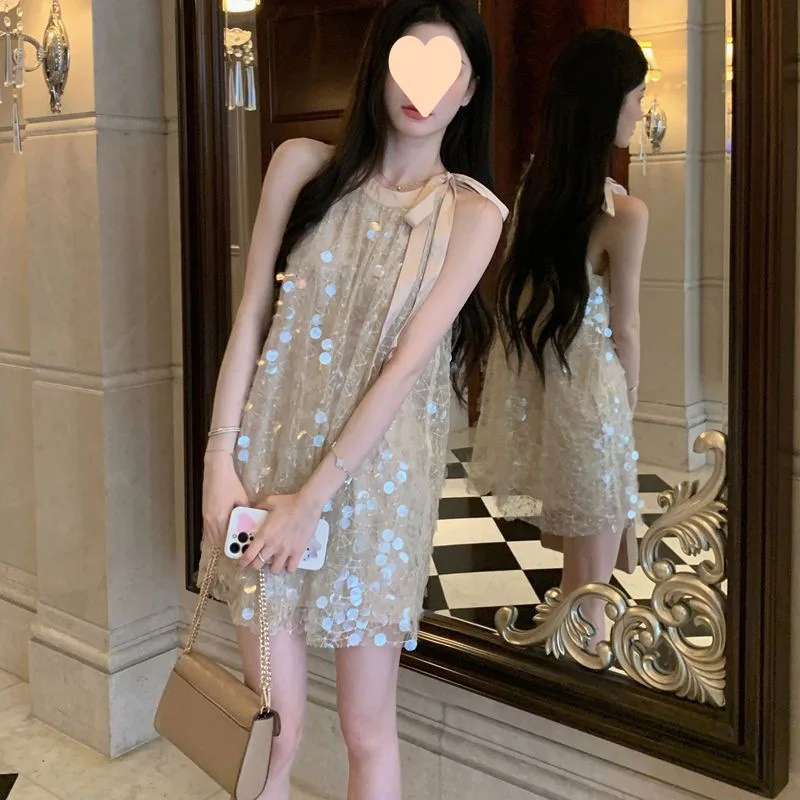 Seaside Beach Vacation Sequined Neck Dress Women's Summer Loose Design Suspender Skirt High-end Short Skirt