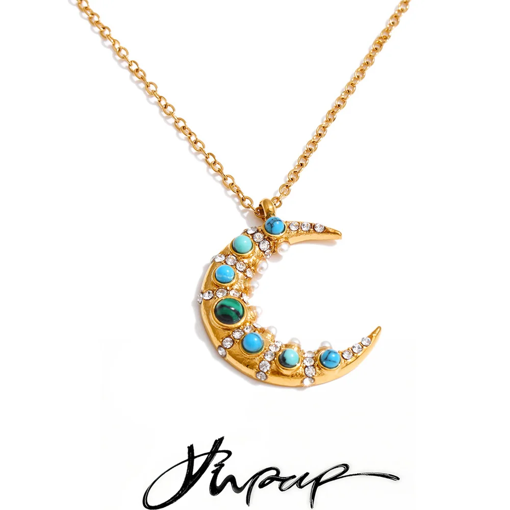 Yhpup High Quality Natural Stone Zircon Pearl Moon Pendant Charm Necklace New Arrivals Stainless Steel Exquisite Jewelry