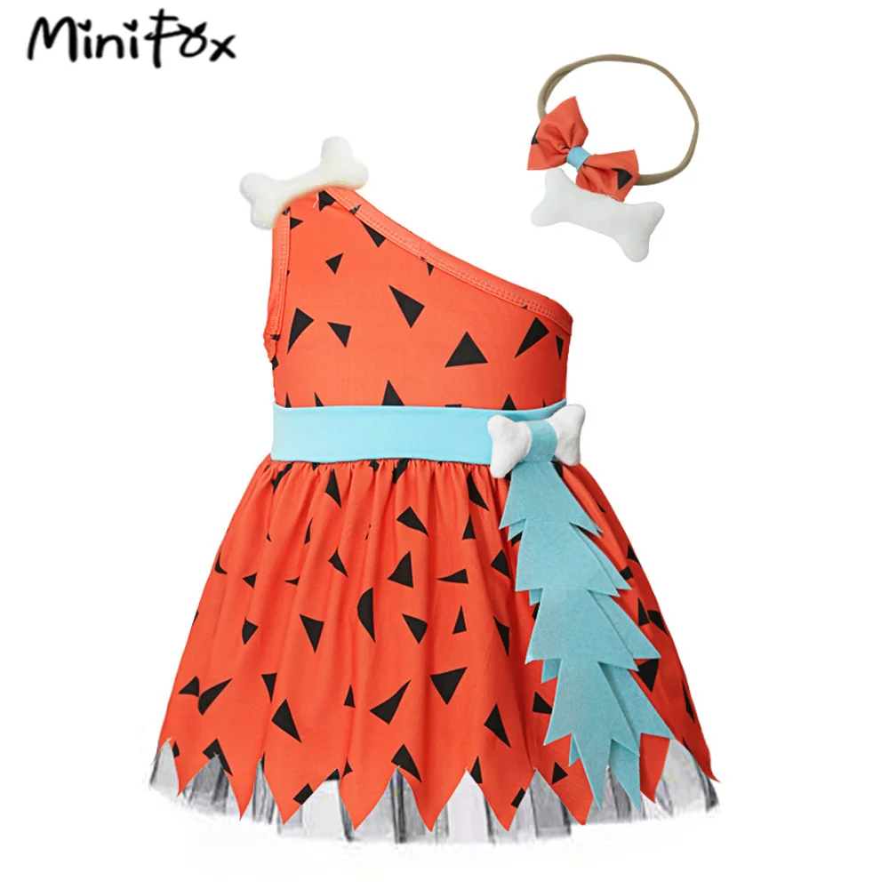 MiniFox Halloween Caveman Dress For Girls Clothes Off Shoulder Baby Dresses Historical Stone Age Party Girl Halloween Costume