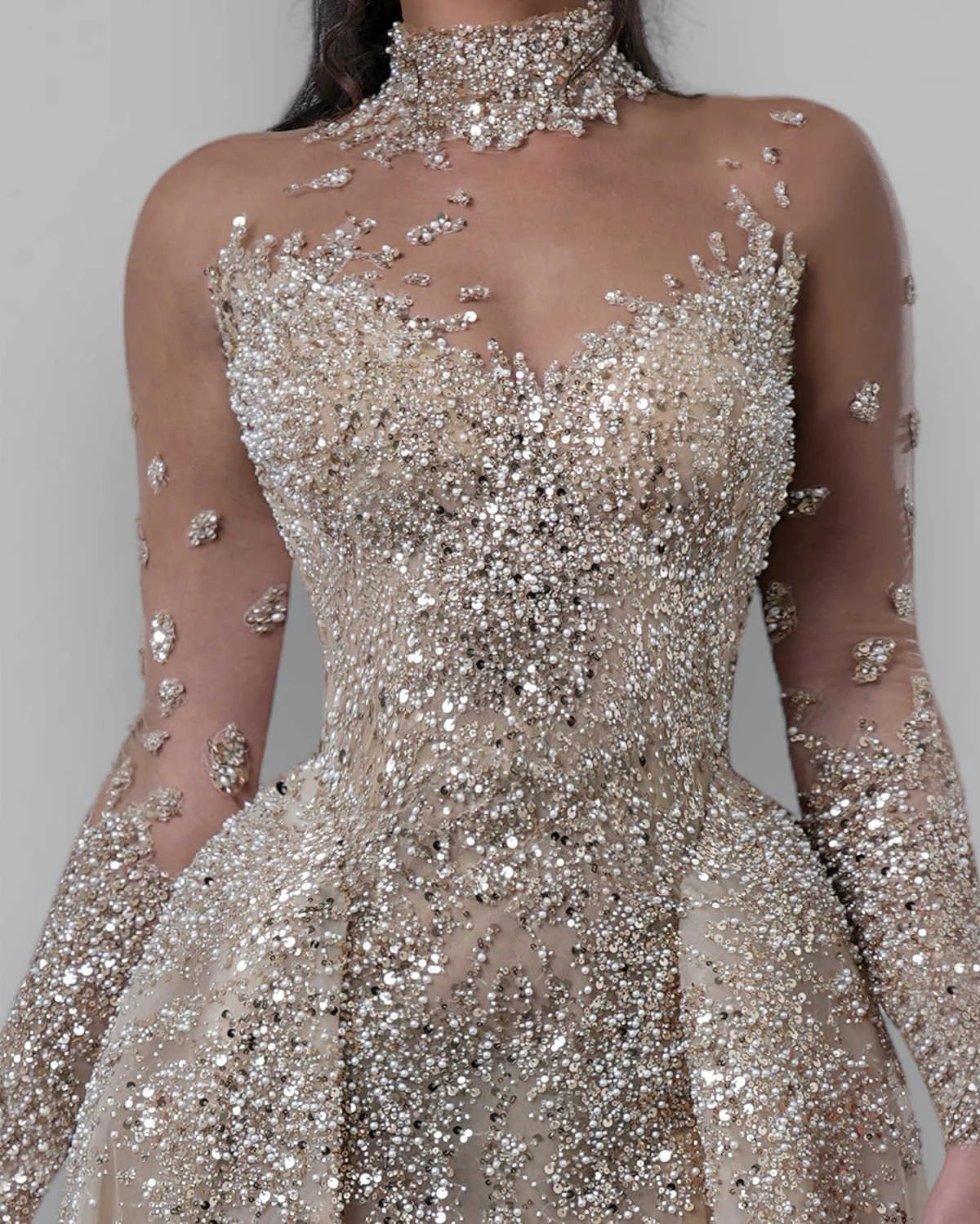 Women Elegant Mermaid Wedding Dresses Beading Pearls Bridal Gowns with Overskirts Long Sleeve Sequins Customized Bride Dress