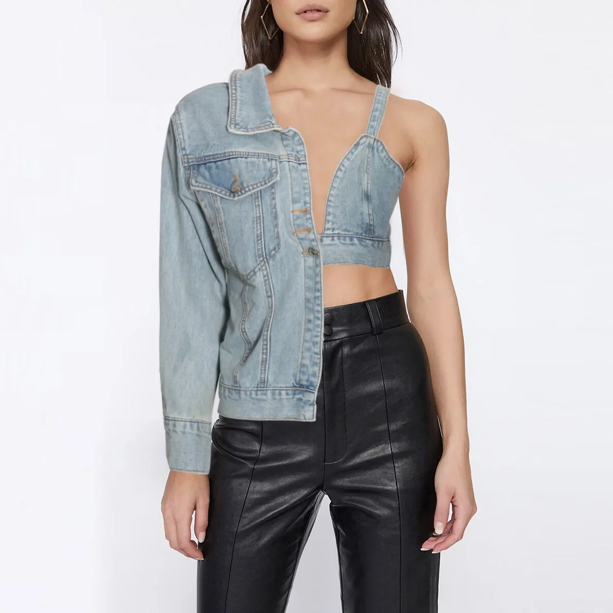 

Asymmetrical Tube-top Denim Jacket 2024 Autumn New Style Niche Off-shoulder Personality Casual Jacket Tops for Women