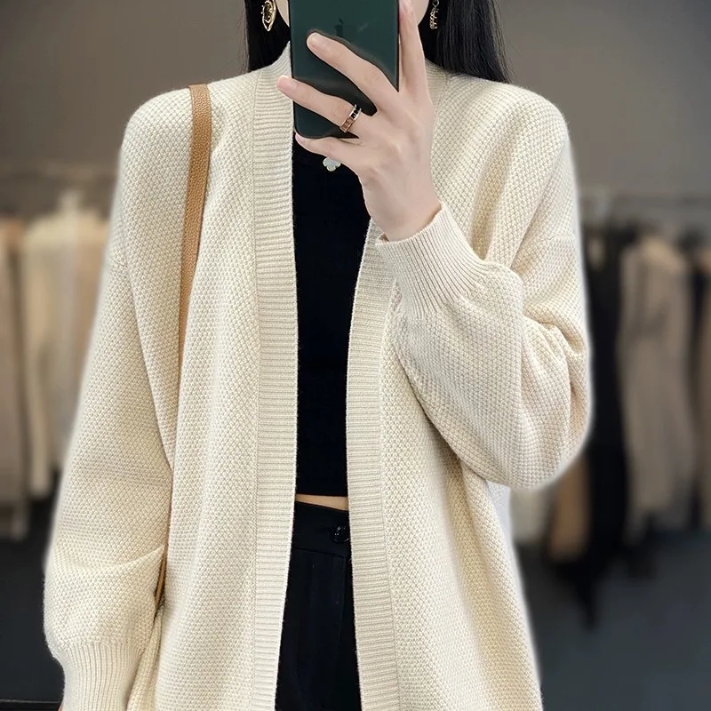 レディース ゆったり カジュアル ニット カーディガン ミディアム丈 ウール セーター Vネック ロングスリーブ シンプル スタイリッシュ 通勤 ファッション アウター