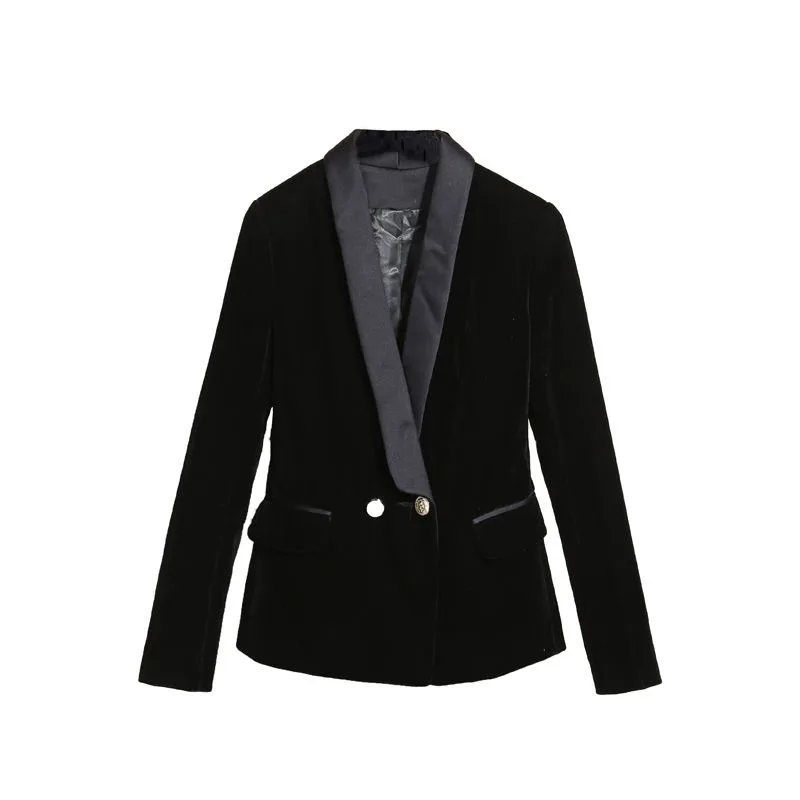 ベルベットの女性用ブレザー、小さいサイズのスーツ、春と秋の新作、長袖、エレガントでスリムなメタルボタン付きサテンのトップス、アウターウェア