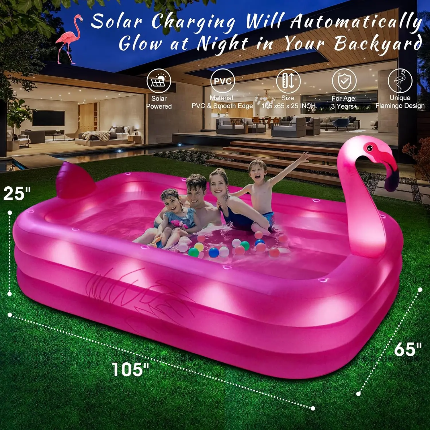 Inflatable Pool with Lights, 2024 Solar Flamingo Swimming Pool for Kids,Adults Inflatable Blow up Pool, Large Kiddie Pool, Durab