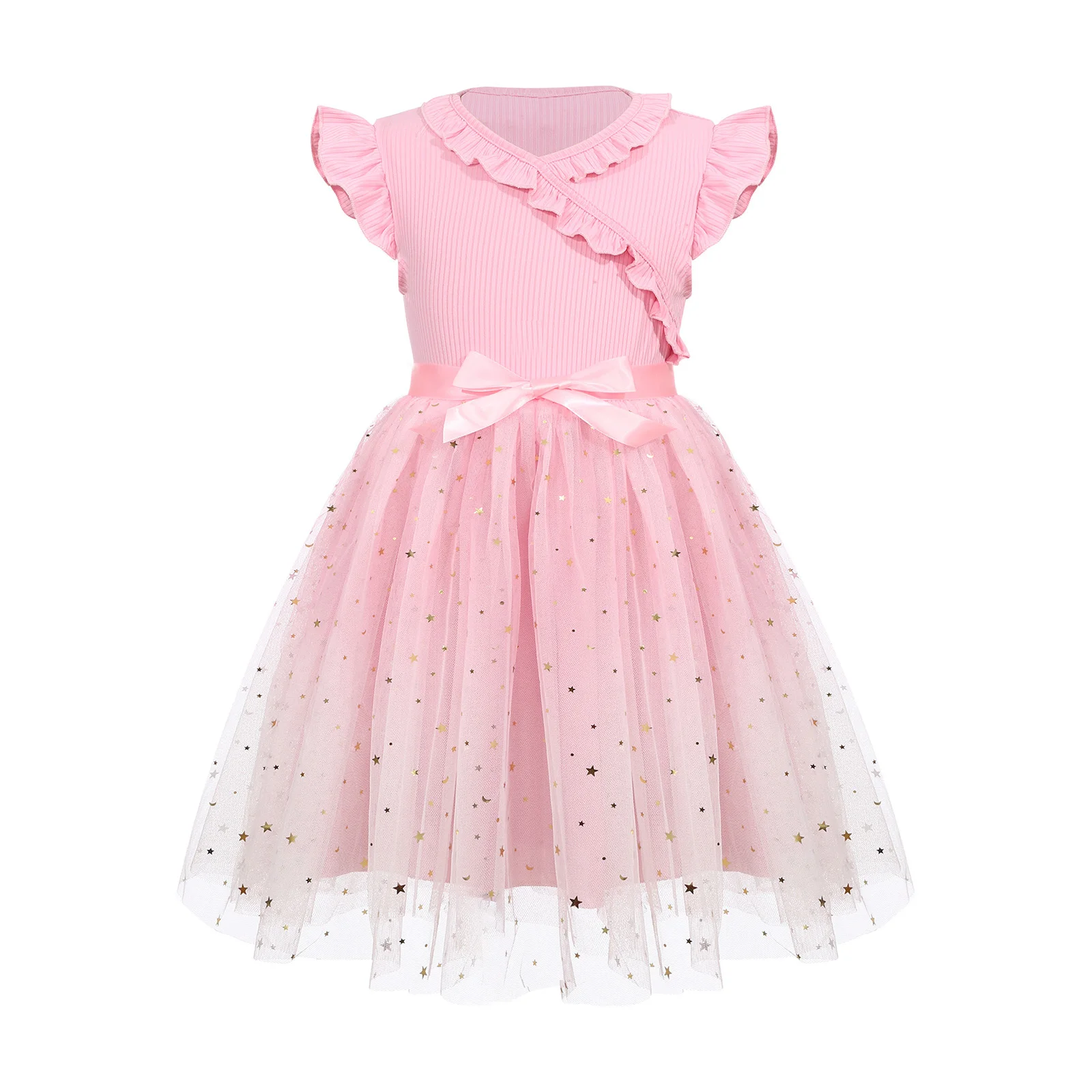 키즈 소녀 공주 드레스 플러터 슬리브 프릴 트림 반짝 이는 스팽글 Tulle 투투 드레스 결혼식 생일 파티 댄스웨어