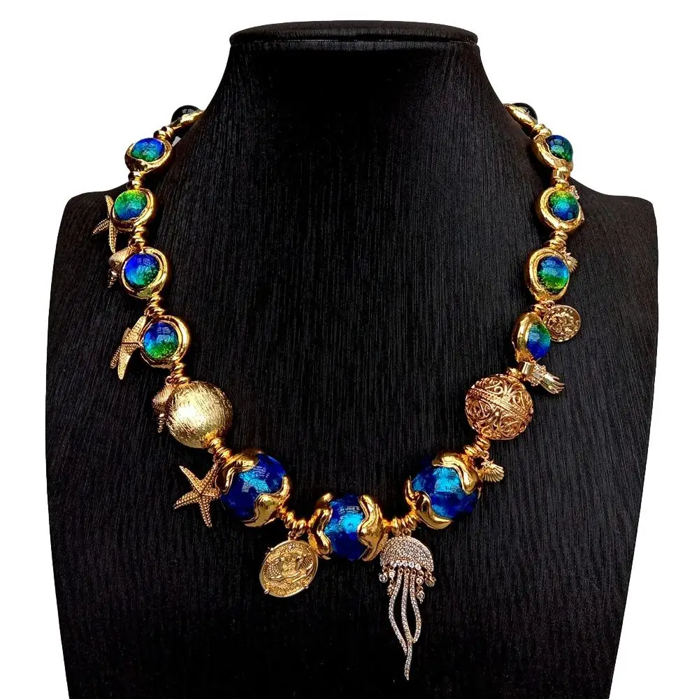 Y.YING Blue Murano Glass Beads Gold Plated Cz Pave Charm Necklace Vacation Jewelry