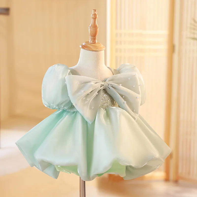 Vestidos de fiesta de cumpleaños para niños con cuello cuadrado y manga abombada con diseño de lazo personalizado, Vestidos sencillos y lisos de flores para niñas, princesa plisada