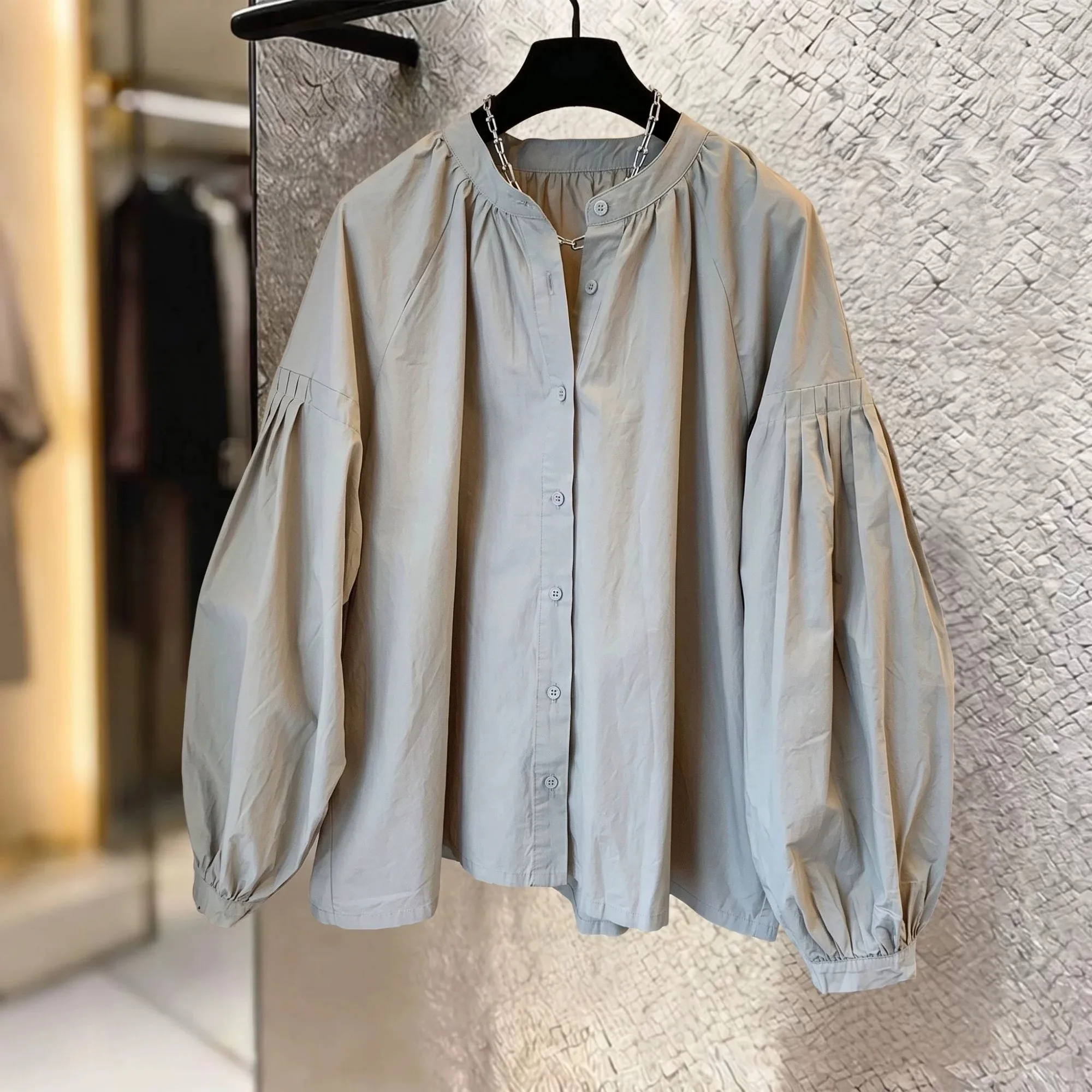 Loose Cotton Blend Women's Shirt Korean Style Gentle  Color Stand Collar Gathered Lantern Sleeve Casual Top plus Size