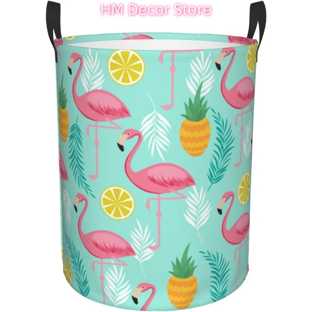 Laundry Basket,Pink Flamingo Pineapples and Exotic Leaves Bathroom Organizer Basket Waterproof Foldable Cloth Hamper with Lining