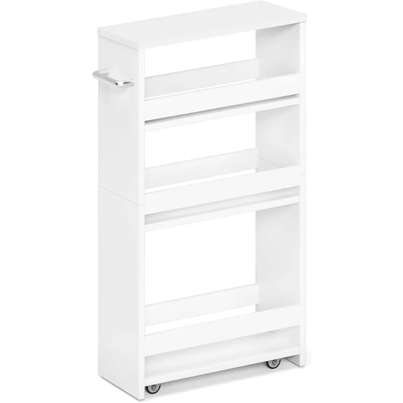 White Slim Storage Cart with Wheels, 4 Tier Rolling Utility Cart with Handle Slide Out Shelving Unit Organizer Trolley for