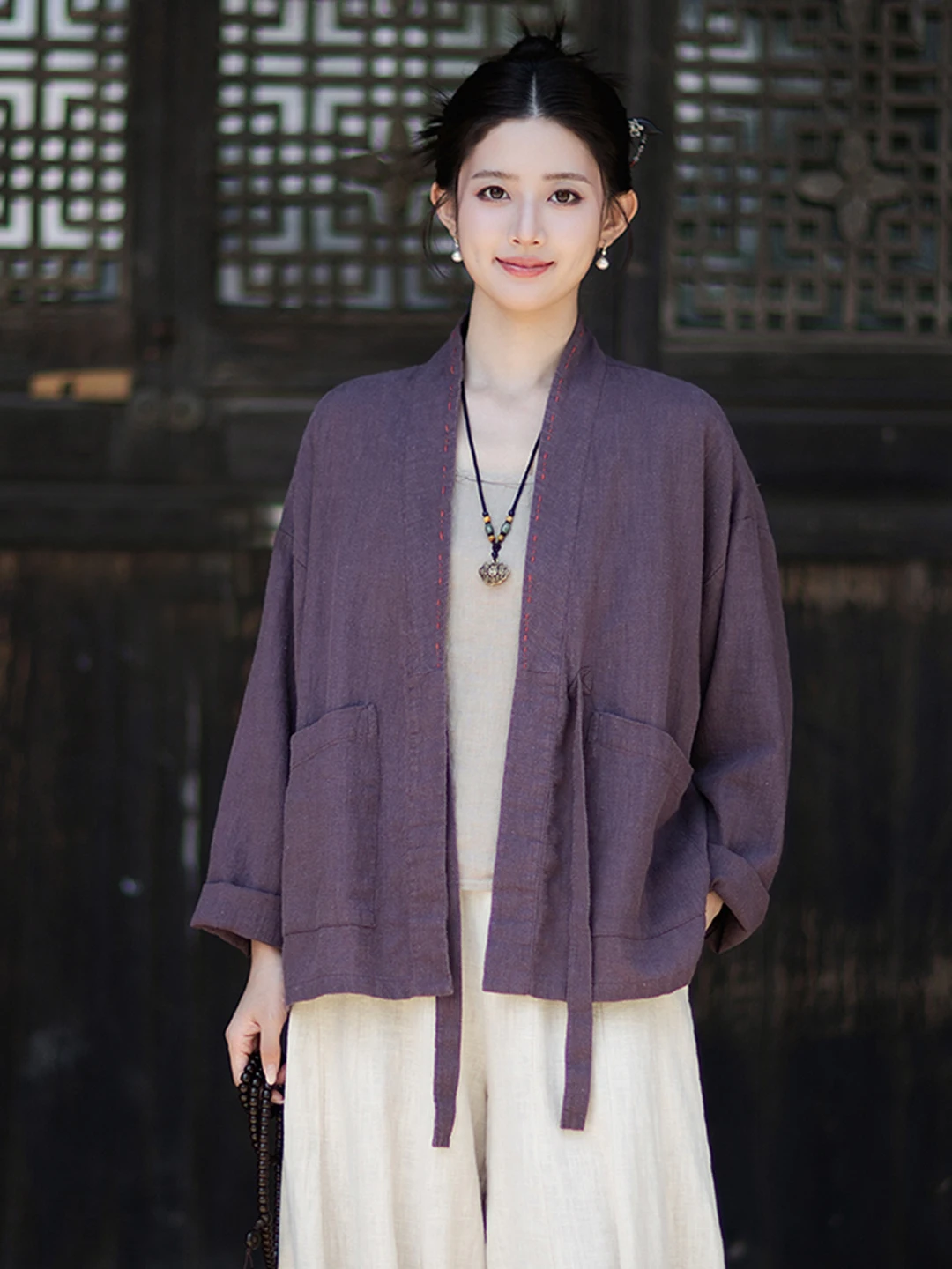 New Chinese Style Women's Cotton Linen Tea Ceremony Outerwear Open Cardigan Buddhist Style Retro Jacket with Belt Slanting