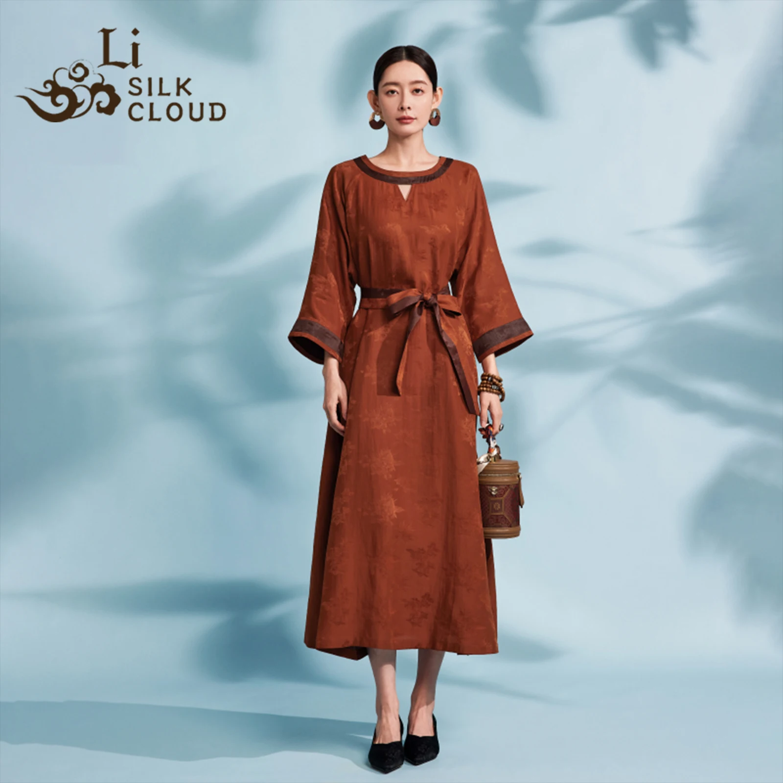 

LI SILK CLOUD 100% Mulberry Silk Xiangyunsha Dress - Chinese Classic Style, Retro Patterns, Adjustable Belt,