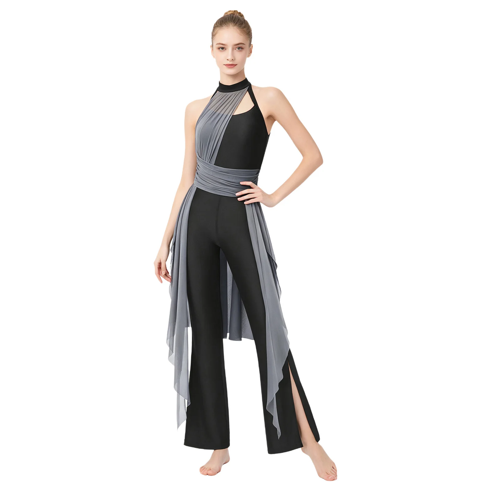 macacao-feminino-para-danca-lirica-com-blocos-de-cores-franzido-drapeado-em-malha-fluida-decote-halter-costas-nuas-pernas-largas-com-fenda-roupa-de-danca-moderna