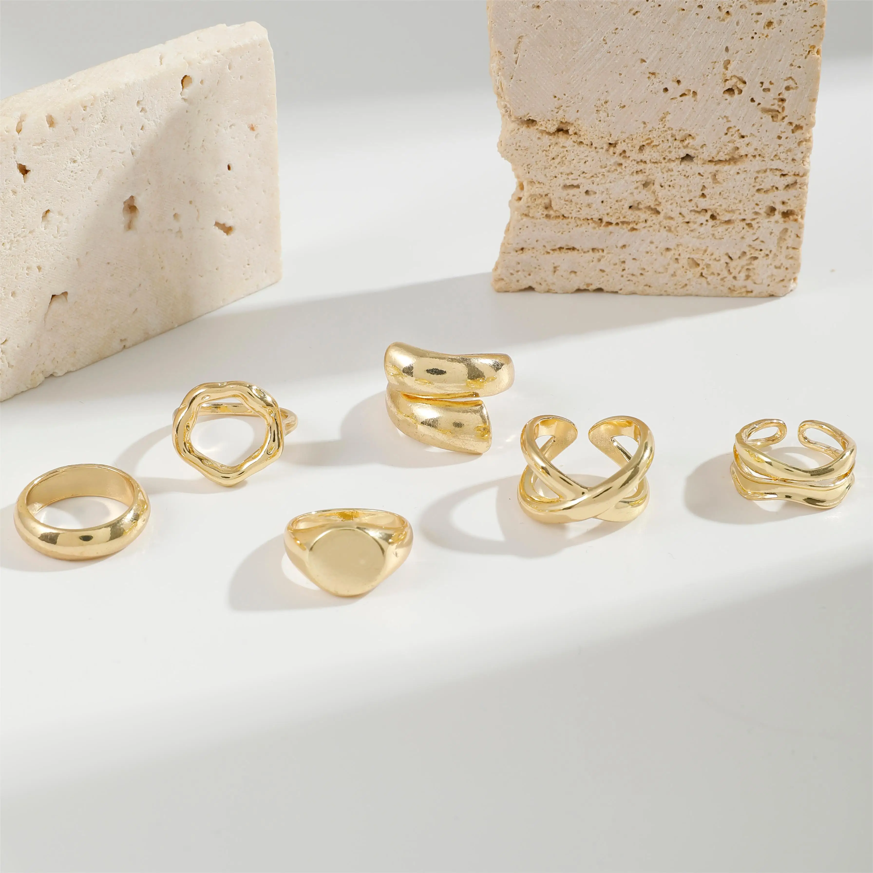 Tocona Fashion Gold Color Lrregular Intersect Ring Sets for Women Classic Smooth Wave Finger Rings Party Jewelry 6pc/set