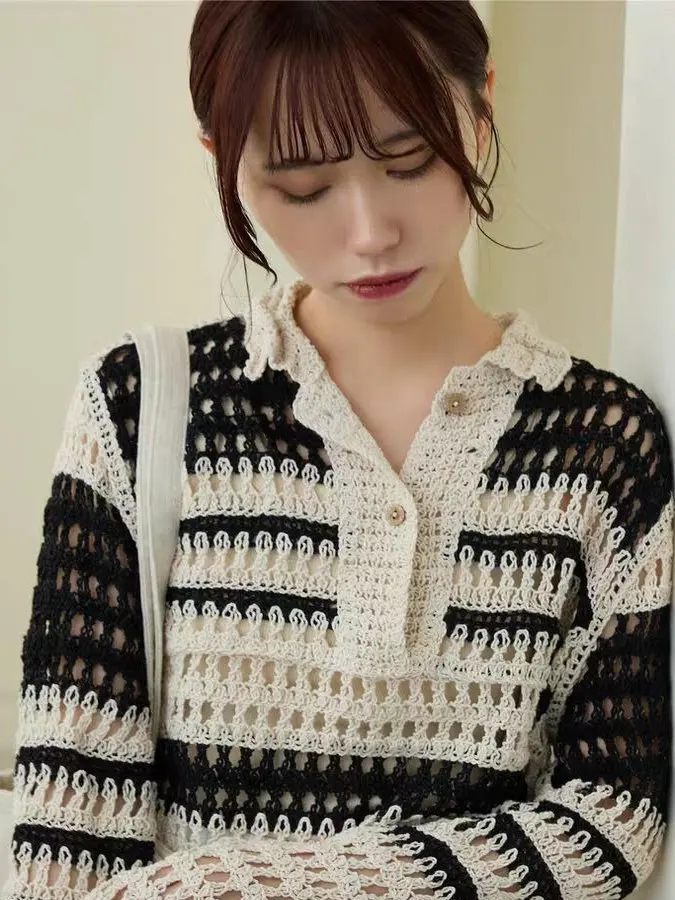 Retro Hollow out Long Sve Women's Knitted Sweater ort Sle Loose Lazy Faion Autumn New Arrival No Brand Registered