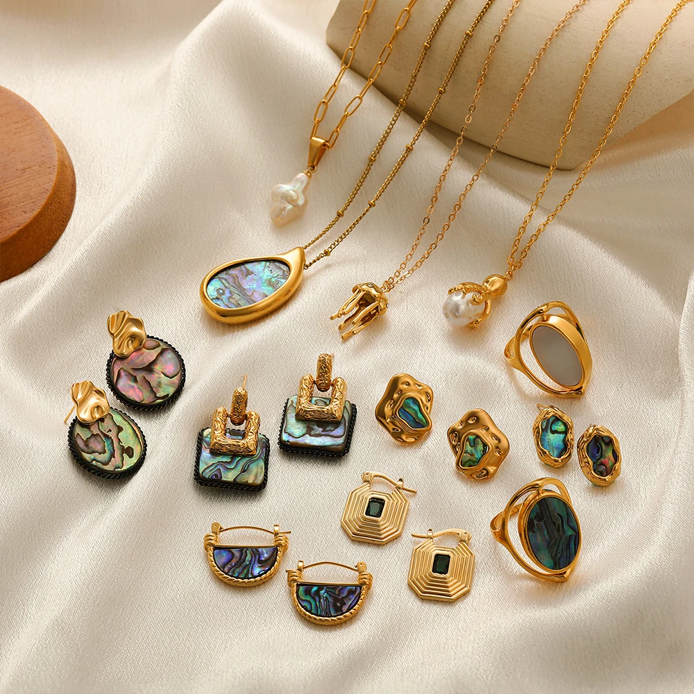 Exquisite Kreuz Perle Quallen Anhänger Halskette natürliche Abalone Muschel Damen kleine Ohrringe rotierende Muschel Ring Halskette Artikel