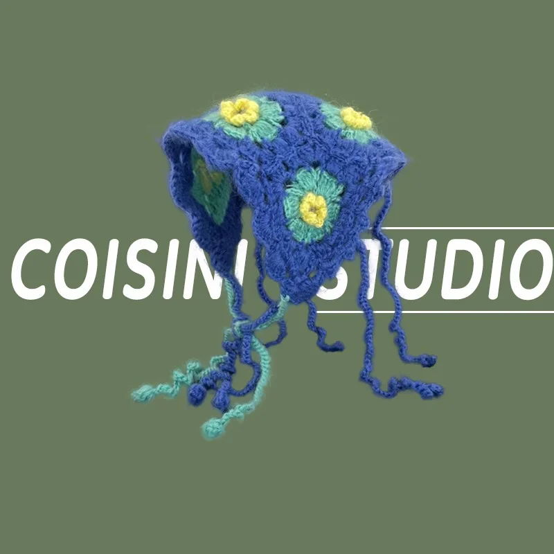 

Korean Dopamine Sweet Cute Girly Korean Ins Flower Headband Autumn Knitted Headband Triangle Towel