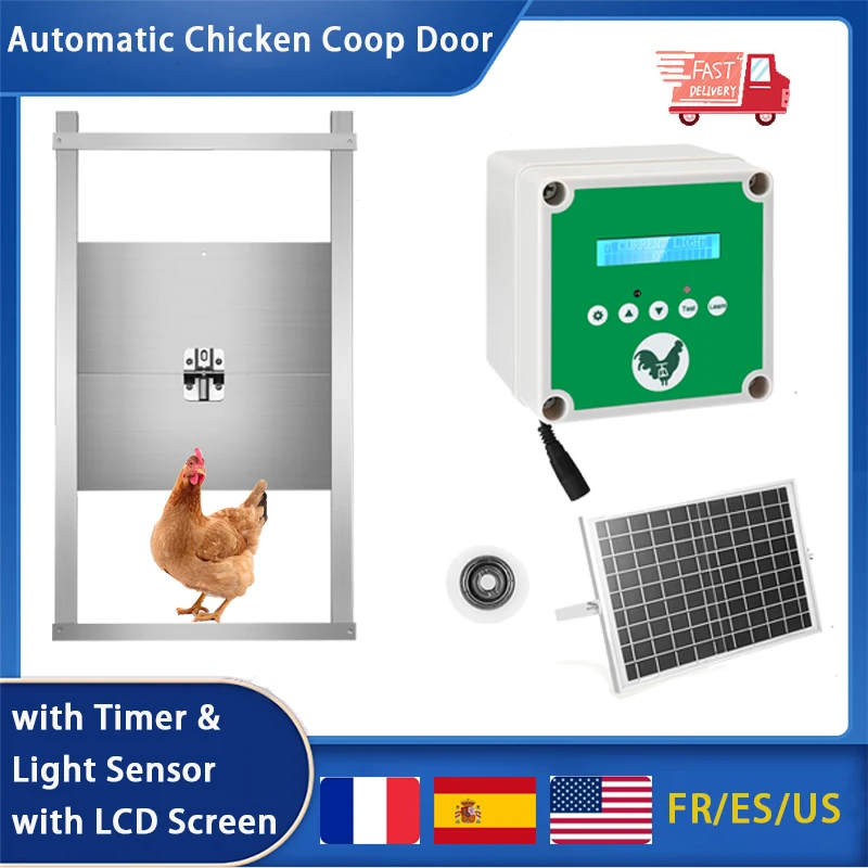 

Automatic Chicken Coop Door with LCD Screen, Timer and Light Sensor, Power and Solar Energy Powered Supply Farming Chicken House