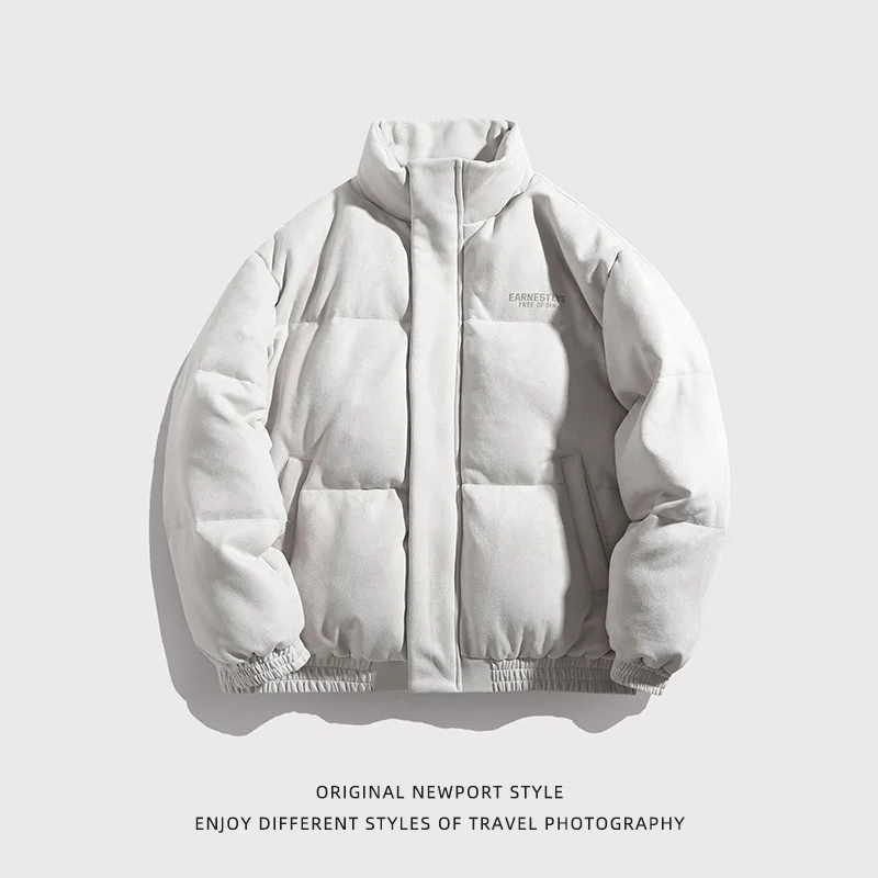 Men's Suede Faux Vintage Thickened Cotton Padded Jacket Winter Letter Print Warm Puffer Coat Men American Street Wear AU-247