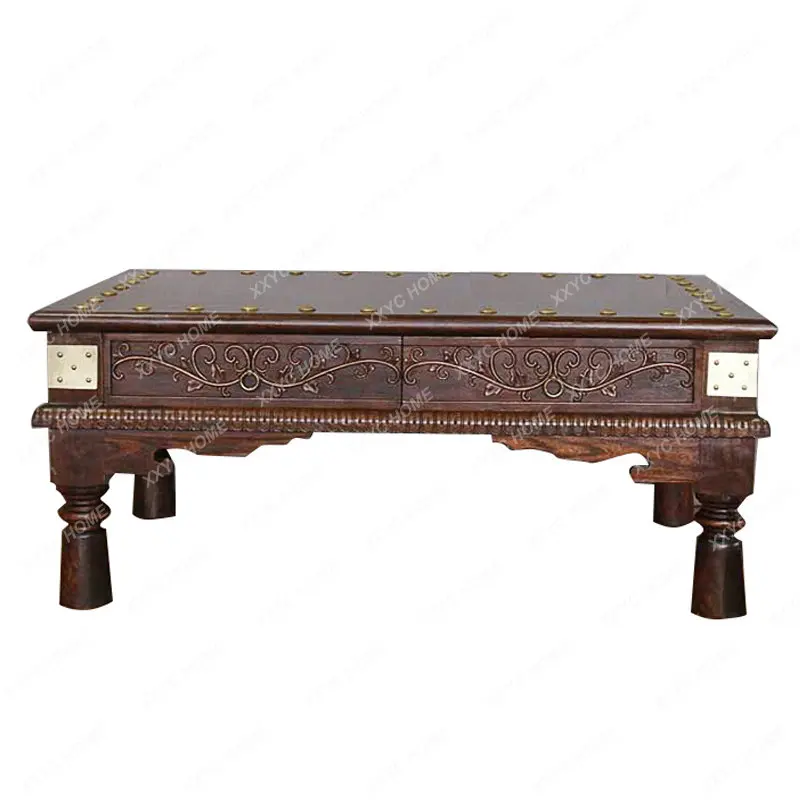 

Southeast Asian Style Furniture Solid Wood Carved Thai Copper Nail Old Elm Storage Tea Table Muebles