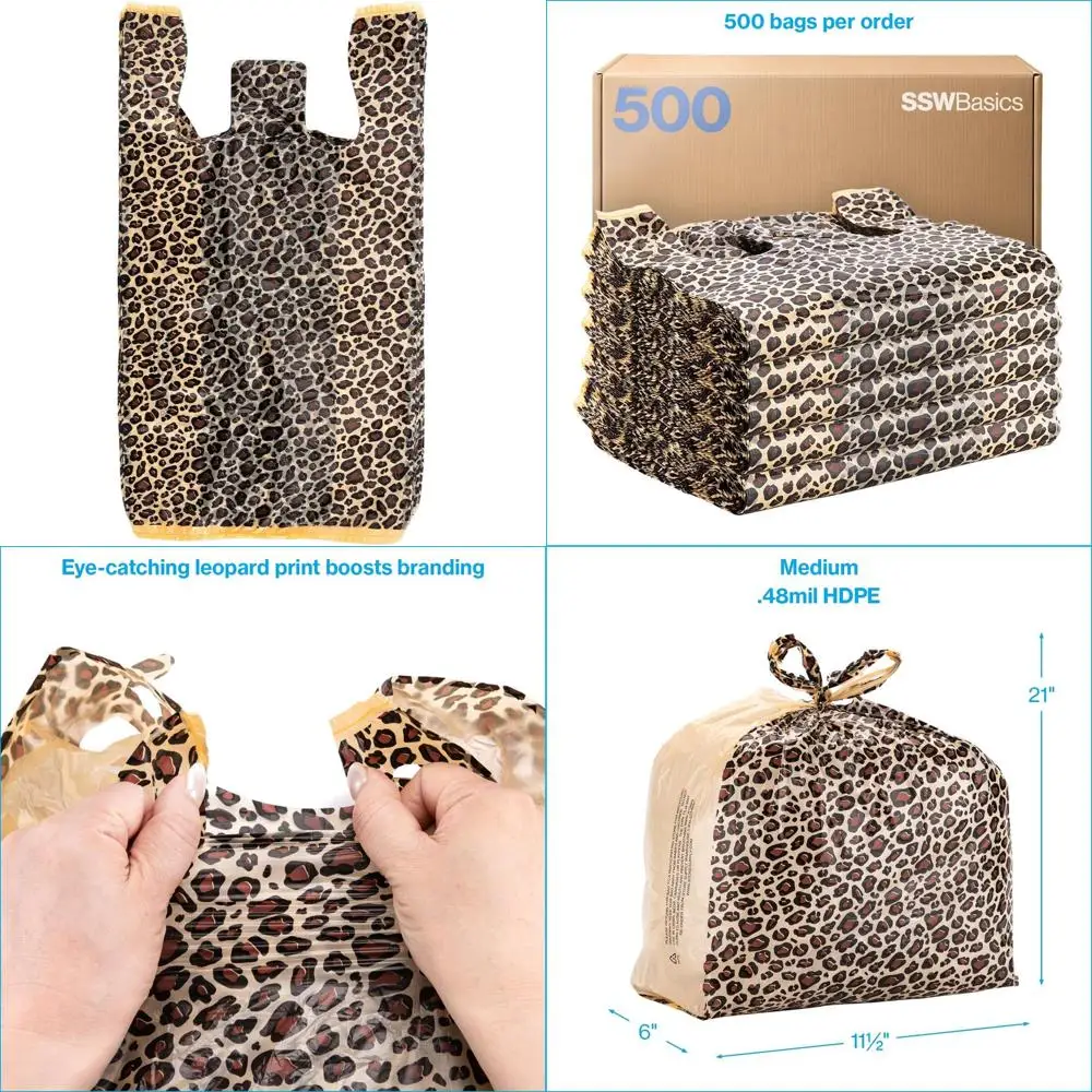 

Durable Leopard Print Medium Plastic Tote Bags, 11.5 for Small Business Use