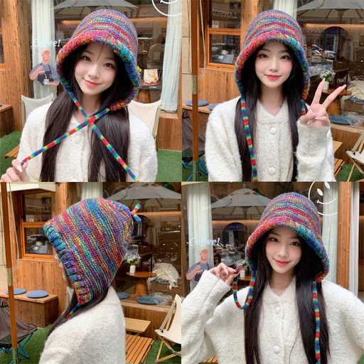 Winter Rainbow Color Striped Ear Protector Wool Hat Women's Lace-up Contrasting Color Bag Head Knitted Hat Live Stream Explosion