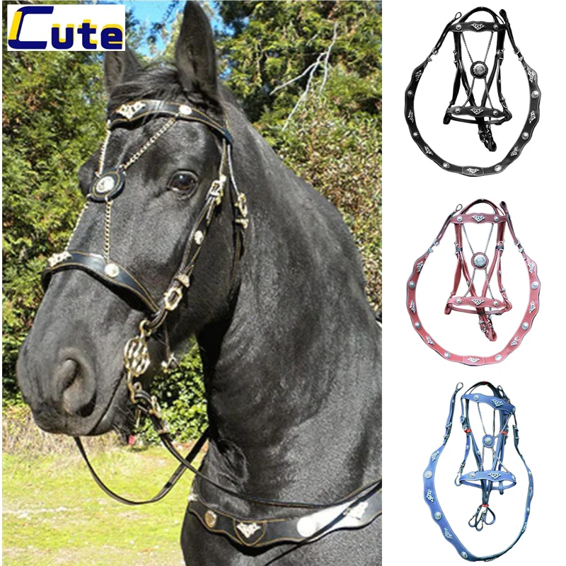 Cabeza de brida de cuero a la moda, equipo ecuestre para caballos, Halters y cuerdas de plomo, juego de jaula para caballos de tiro de Metal