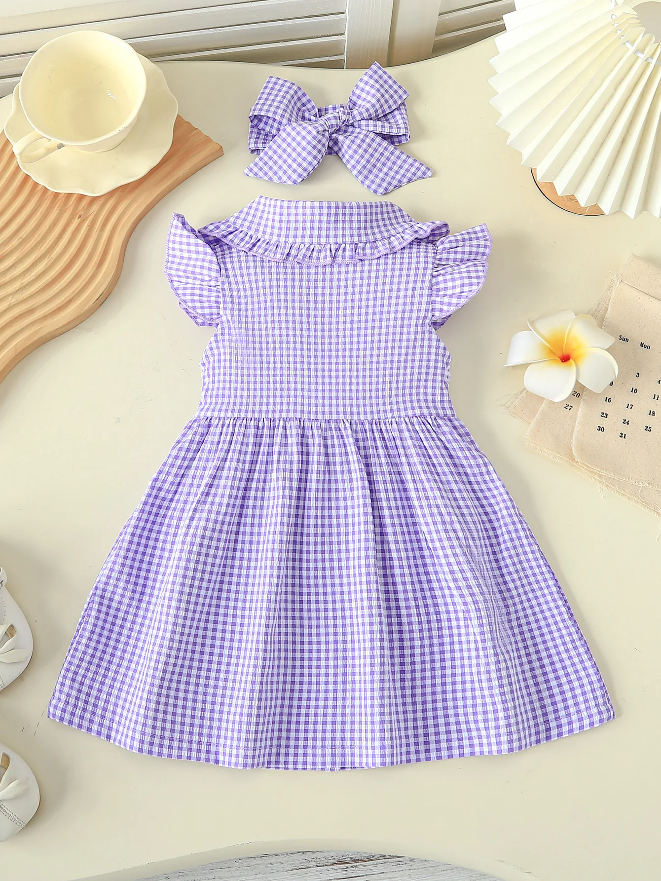 1pc Girls Purple Gingham Dress Set, 1-3Y, Peter Pan Collar with Bow + Headband, Sweet Daily Wear, Breathable Fabric