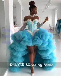 Princess Blue Prom Dresses 2024 For Black Girl Ruffles Tiered Long Sleeves Crystal Diamonds Birthday Dresses  Customized 
