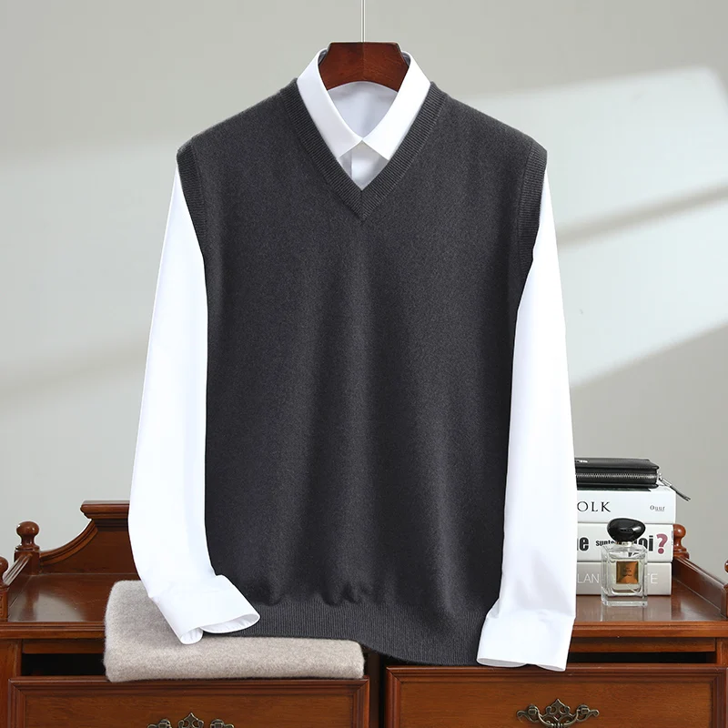 

Men's Pure Cashmere Vest Solid Color V-Neck Knitted Sleeveless Sweater Middle-Aged Warm Medium Thick Vest