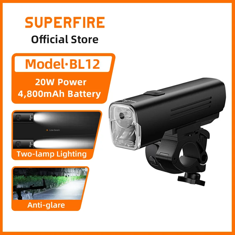 

SUPERFIRE BL12 20 Вт двойная лампа, комплект передних фонарей для велосипеда, перезаряжаемая через USB, 4800 мАч, светодиодная фара, уличная лампа для кемпинга, пешего туризма, велосипеда