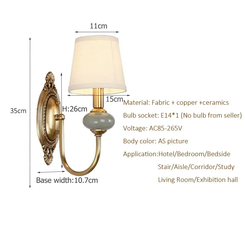 American Bedroom Living Room Bedside Light Fabric All Copper Wall Lamp For Office Hotel Study Corridor Stair Bathroom Lighting