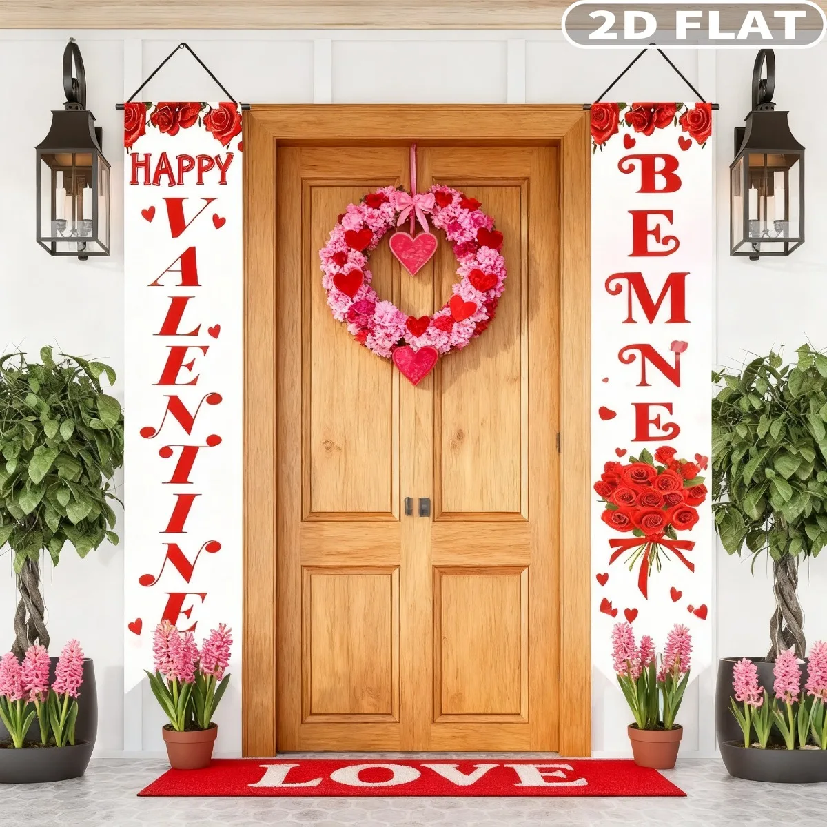 1pair Valentine Day Porch Banner With Hanging Rods and Ropes 1x6 FT Happy Valentines Day Door Banner Valentine's Day Porch Sign