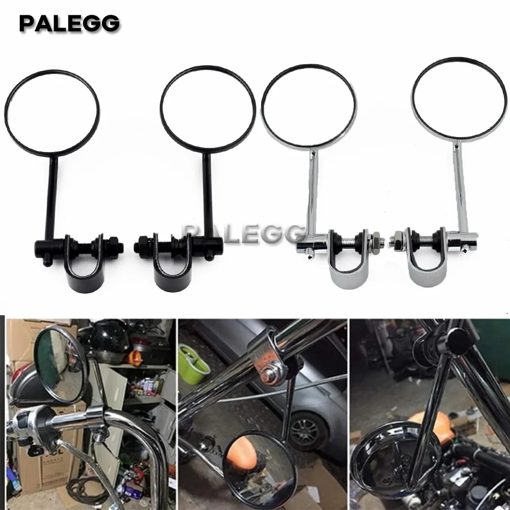 Pair Motorcycle Handlebar Rear View Mirrors Round Convex Clip-On 22-25mm Black Retro for Harley Honda Chopper Cruiser Cafe Racer